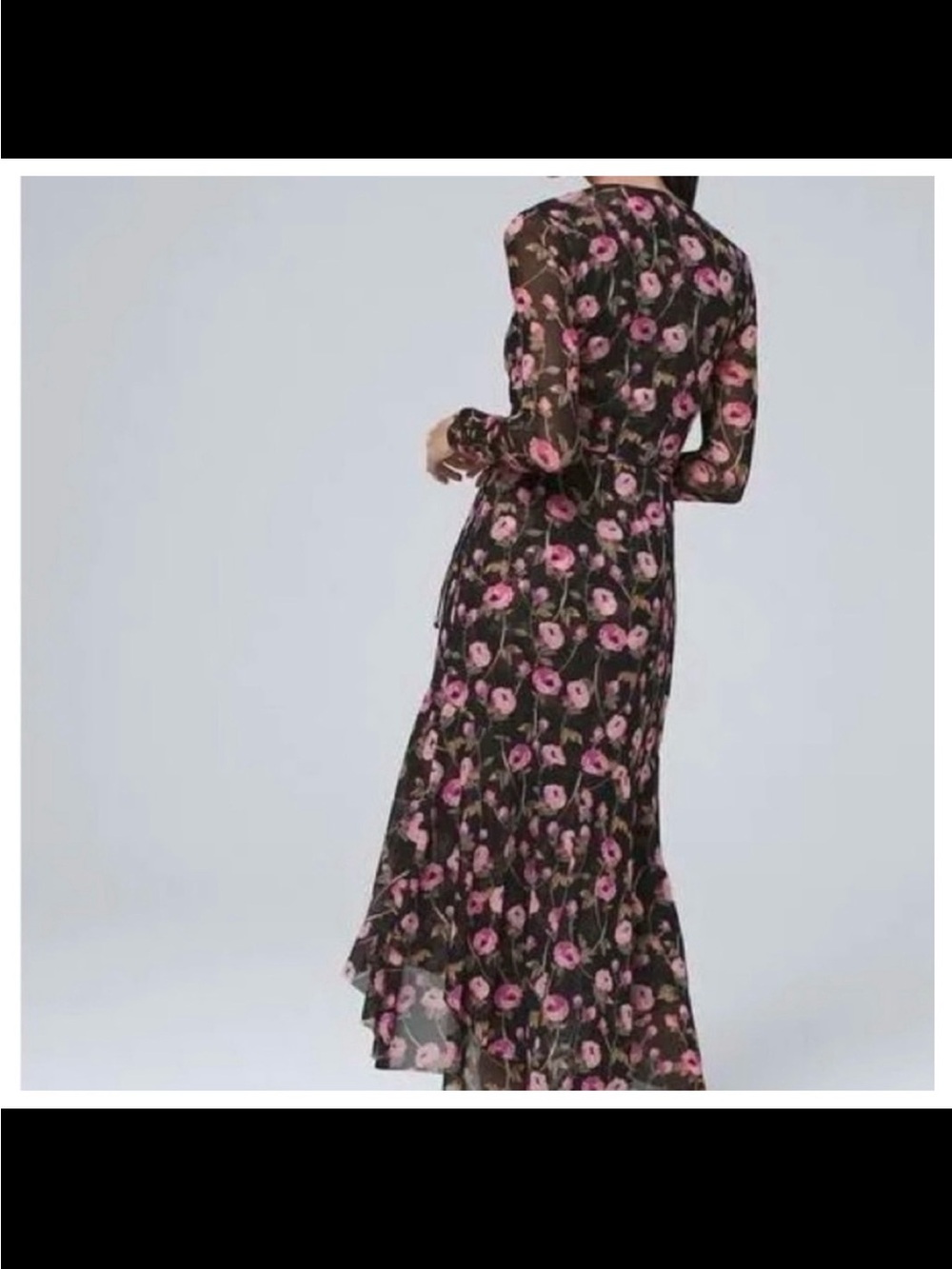 White House Black Market Black Long Sleeve Floral Midi Dress with Pink Blooms - Picture 2 of 6